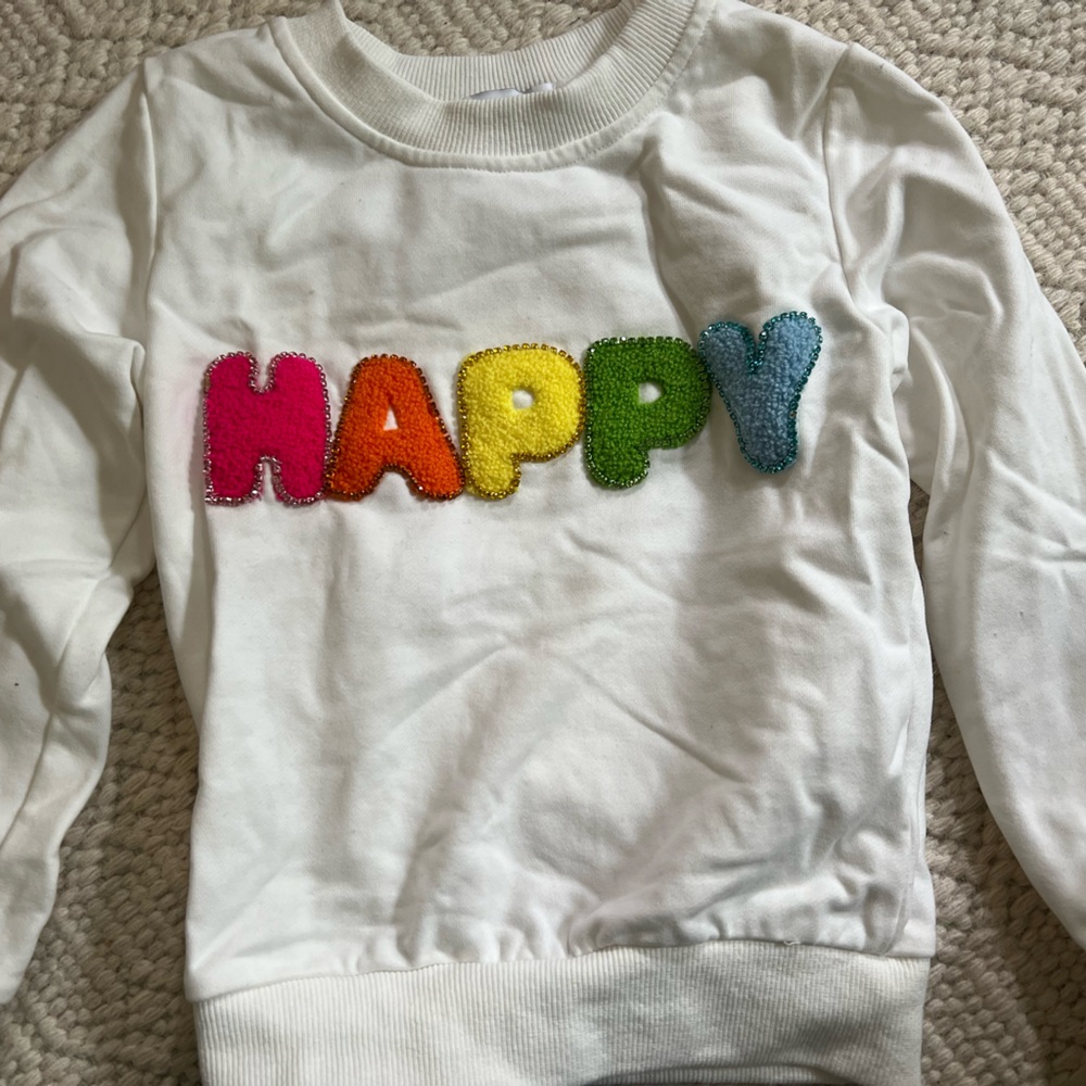 Lola + The Boys White Sweatshirt with Rainbow 'HAPPY' Appliqué